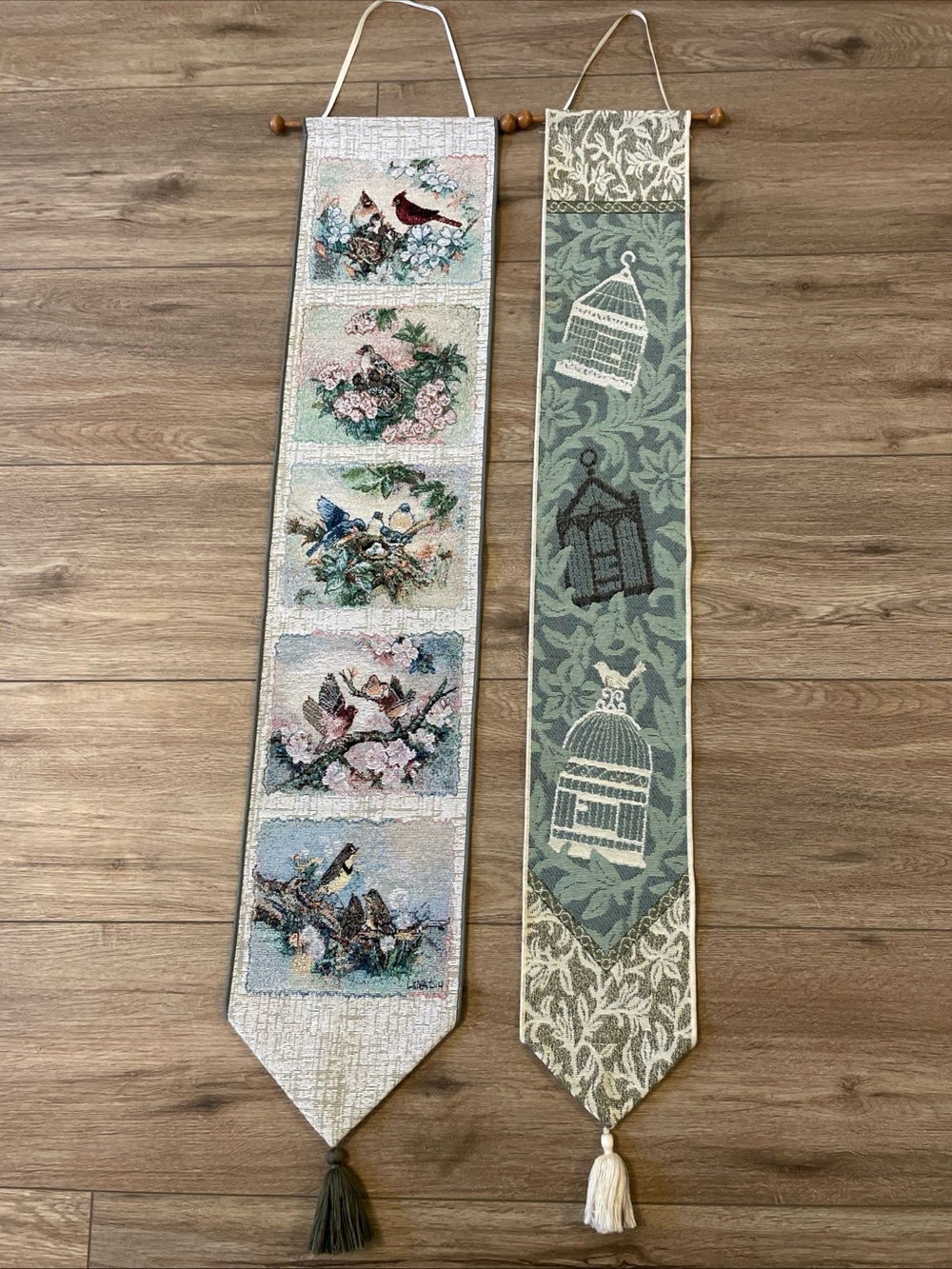Songs of Spring & Aviary Tapestry Bell Pull Wall Hangings by Lena Liu 2pc Set